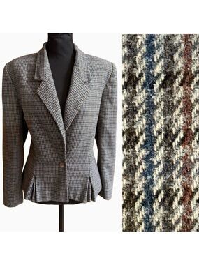 Classic Houndstooth Cropped Fitted One-Button Wool Blend Lined Blazer (12/13)